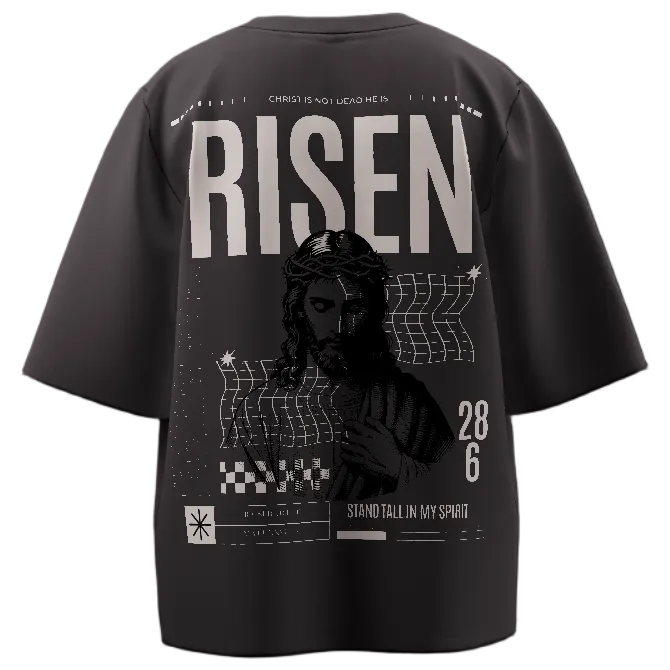 Black t-shirt with 'Risen' text and graphic on a black background