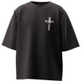 Black t-shirt with a white logo on a black background